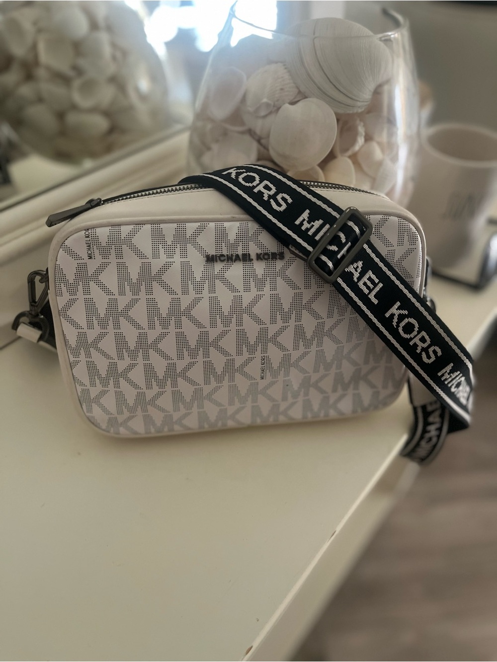 Michael Kors White Leather Crossbody with Black Trim
